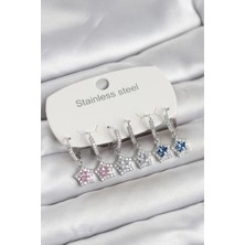 Uravas Store Çelik Gümüş Renk Zirkon Taşlı Yıldız Form 6'lı Set Kadın Küpe