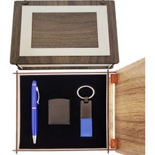 Cm Store Özel Ahşap Kutulu Lacivert Kalem Anahtarlık ve Çakmak Set