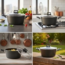 Mi-Ça Home Papilla Buzz 22 cm Derin Tencere - Yeşil Siyah Granit Efektli Yanmaz Yapışmaz Cam Kapaklı Yemek Tenceresi