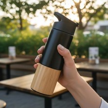 Mi-Ça Home Deconox 450 ml Bambu Kaplamalı Çelik Termos - Siyah, Mavi ve Kırmızı Renk Seçenekli Sızdırmaz Isı Yalıtımlı Seyahat Termosu (Siyah)