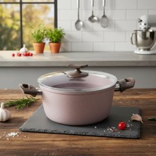 Mi-Ça Home Papilla Buzz 22 cm Derin Tencere - Shadow Krem Kırçıl Granit Efektli Yanmaz Yapışmaz Cam Kapaklı Çorba ve Yemek Tenceresi