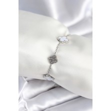 Uravas Store Çelik Zincir Gümüş Renk Zirkon Taşlı Yonca Beyaz Kadın Bileklik