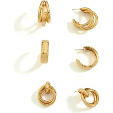 Venüs Design Çelik 3lü Küpe Seti Gold Renkli Kadın Kullanıcılar İçin Şık Çivi Modeli