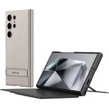 Mi-Ça Home Galaxy S24 Ultra ile Uyumlu Deri Dokulu Folyo Kapaklı Kart Yuvalı Destek Çubuklu 360° Koruma Telefon Kılıfı – Titanyum Gri