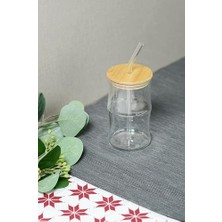 Mi-Ça Home Bambu Kapaklı Cam Pipetli 330 ml Borosilikat Bardak