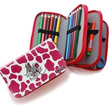 Daisy Home Kalem Kutusu Inek Desenli Kawai Organizer Kalemkutu Vegan Deri Üç Bölmeli Kalemlik - Pembe