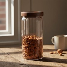Daisy Home Akasya Kapaklı Çizgili Cam Kavanoz (1000ML /1 Litre) | Hava Geçirmez, Modern Fitilli Tasarım Gıda Saklama Kabı | Kahve, Çay, Kuruyemiş ve Bakliyat Kavanozu (9X20CM)