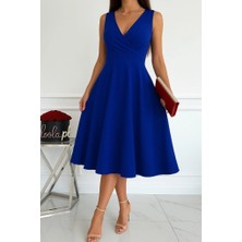 Secret Sita Kadın Ithal Krep Kumaş Kruvaze Yaka Eteği Kloş Kolsuz Mini Elbise