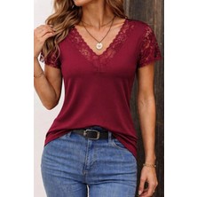 Secret Sita Kadın Kısa Kollu V Yakalı Dantelli Viskon Bluz