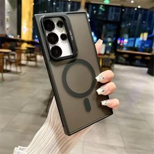 Daisy Home Galaxy S24 Ultra Kılıf Krom Mika Kamera Lens Hediyeli Kapak Arkası Mat Mıknatıs Şarjlı Kılıf Metal Standlı Kamera Korumalı S24 Ultra Lens (S24 Ultra Siyah Kılıf)