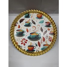 Daisy Home Bybars Lüks Dekoratif Plastik Tepsi Altın Çerçeve 46X46 Çay Kahve Fincan Desenli