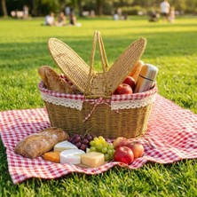 Daisy Home Buffer® Oval Plastik Rattan Piknik Sepeti, Doğal Hasır Görünümlü, Kapaklı, Çok Amaçlı, 40X18X27 Cm, Piknik Plaj Bahçe Için