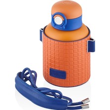 Daisy Home Diller 680ML Moda Waffle Çizgili Deri Kılıf Pipetli Askılı Kilitlenebilir Kapak Çelik Termos Matara (Turuncu)