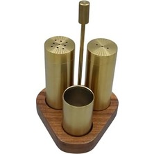 Daisy Home Altın Kaplama(Pvd) Tuzluk, Karabiberlik ve Kürdanlık - Üçgen Cilalı Ceviz Platformlu