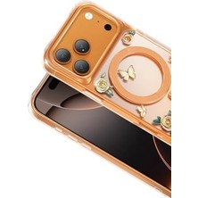 Daisy Home - 17 Pro Max ile Uyumlu Kılıf Kristal Detaylı Gül Desenli Roseland Magsafe ile Uyumlu Kapak - Turuncu