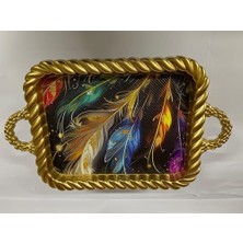 Daisy Home Lüks Dekoratif Plastik Tepsi Altın Çerçeve 38X28 Renkli Kuş Tüyü Desenli
