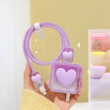 Daisy Home Şarj Başlığı ve Kablo Koruyucu Kılıf Mor Kalp 4'lü Set Type-C Şarj Cihazı Uyumlu Şarj Cihazı Kılıfı Şarj Cihazının Tamamını Korur