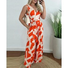 Secret Sita Kadın Askılı Kruvaze Yakalı Belden Kuşaklı Uzun Desenli Süprem Tulum