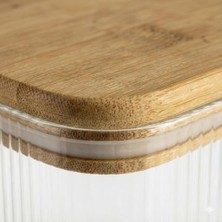 Daisy Home Bambu Kapaklı 200 ml Kare Cam Kavanoz – Çizgili Şeffaf Tasarım, Sızdırmaz Silikon Contalı Saklama Kabı