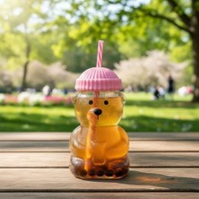 Daisy Home Deconox Sevimli Ayıcık Figürlü Borosilikat Cam Bardak 580 ml - Silikon Kapaklı ve Pipetli Lüx Barista Soğuk Içecek Bardağı (Pembe)