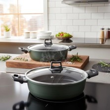 Daisy Home Papilla Buzz 26 cm Karnıyarık ve Pilav Tenceresi - Yeşil Siyah Granit Efektli Yanmaz Yapışmaz Cam Kapaklı Sığ Tencere
