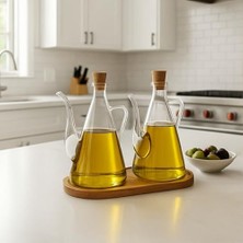 Daisy Home Akasya Ahşap Altlıklı Ikili Cam Yağdanlık Seti – Zeytinyağı ve Sirkelik Şişe, Mantar Kapaklı, Şeffaf Tasarım, Şık Mutfak Sunumu