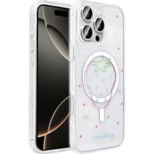 Daisy Home 16 Pro Max ile Uyumlu Kılıf M-Safe Şarj Özellikli Şeffaf Folk Sert Kapak - Çilek