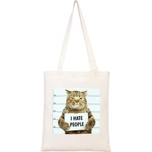 Daisy Home I Hate People Bez Çanta Kedi Baskılı Komik Yazılı Ham Bez Çanta