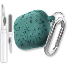 Daisy Home Airpods 4. Nesil Uyumlu Çiçek Işlemeli Premium Silikon Kulaklık Kılıfı ve 3'ü 1 Arada Bluetooth Kulaklık Temizleme Kalemi Seti (Orman Yeşili)