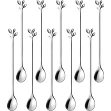 Daisy Home Aputue Uzun Kaşık, 10 Adet 18 cm Yaprak Saplı Çay Kaşığı Seti, Ayna Parlatma Işlemli, Kokteyl Karıştırma, Sundae, Tatlı Kabı Için Mükemmel, Gümüş Paslanmaz Çelik Tatlı Kaşığı