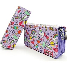 Daisy Home Kalem Kutusu - Kawai Organizer Kalemkutu Vegan Deri Üç Bölmeli Kalemlik -Mor