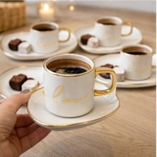 Daisy Home 6’lı Beyaz Gold Detaylı Kahve Fincanı ve Sunum Tabaklı Set – Yazılı Tasarım, Porselen Türk Kahvesi Seti