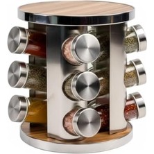 Daisy Home 12’li Döner Standlı Ahşap Yuvarlak Baharatlık – Paslanmaz Çelik Gövdeli, Cam Kavanozlu, 360° Dönebilen Mutfak Baharat Düzenleyici