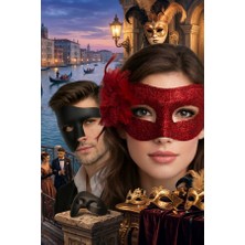 Zurafa Shop İkili Lüks Balo Maske Seti - Denim  Kırmızı Kristal İşlemeli Kadın ve Siyah Erkek Maskesi