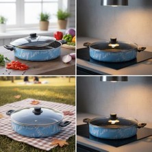 Daisy Home Papilla Domino 32 cm Jumbo Karnıyarık ve Pilav Tenceresi - Mutlu Fırça Mavi/siyah Desenli Yanmaz Yapışmaz Cam Kapaklı Büyük Boy Tencere