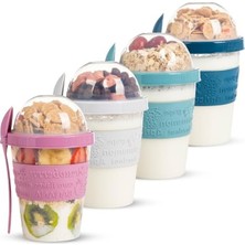 Cekar Store Renkli Take And Go Kaşıklı Hazneli Meyveli Yoğurt Kabı Piknik Iş Atıştırmalık Diyet Müsli Granola Süt Bardağı (4'lü Set 2)