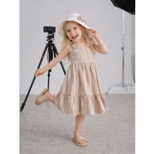 Erzani Kids Kız Çocuk Çizgili Askılı Pamuklu Yazlık Elbise Şapkalı 2li Takım