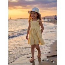 Erzani Kids Kız Çocuk Çizgili Askılı Pamuklu Yazlık Elbise Şapkalı 2li Takım