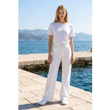 Hies Bol Paça Palazzo Likralı Kadın Jeans Beyaz Pantolon - Yeni Sezon