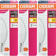 Avarson (3 Adet) Ledvance 7,5W Sarı Işık (2700K) E14 Duylu (Ince Duy) LED Ampul