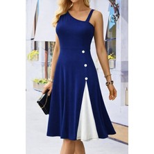 Modenya Kadın Tek Omuzu Şerit Detaylı Kolsuz Yandan Düğme Detaylı Janjan Krep Elbise