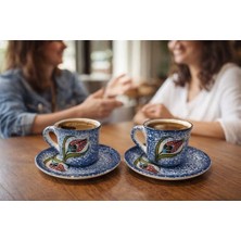 Daisy Home Türk Kahvesi Fincan Takımı El Yapımı Seramik – Lale Motifli, 2 Kişilik Fincan ve Tabak Seti, Geleneksel ve Şık Tasarım