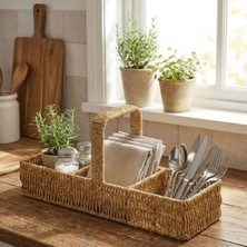 Cekar Store Buffer 3 Bölmeli Hasır Sepet Organizer Saplı, Mutfak Banyo Ofis Çok Amaçlı Düzenleyici, Plastik Rattan Kaşıklık Sepeti, 40X13X17 cm