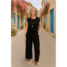 Modenya Kadın Yarasa Kol Dijital Baskı Detay Bluz ve Yanı Şerit Detay Kristal Kumaş Pantolon Ikili Takım