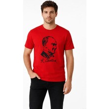 Modenya Erkek Atatürk Baskılı Tişört Kısa Kollu Bisiklet Yaka T-Shirt - Kırmızı