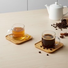 Daisy Home Deconox Bambu Tabaklı 2'li Cam Fincan Seti 150 ml - Yuvarlak/kare Seçenekli Borosilikat Bitki Çayı ve Double Kahve Fincanı (Kare Tabaklı)