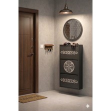 Tomkar  3'lü Antrasit Gümüş Desenli Metal Ayakkabılık-Kilitli