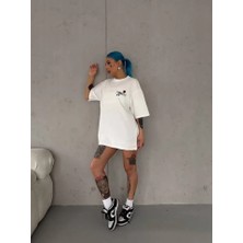 Modenya Unisex Bisiklet Yaka Baskılı Oversize T-Shirt - Beyaz