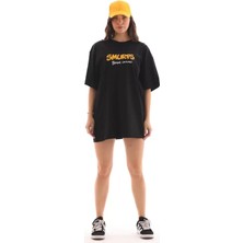 Modenya Unisex Bisiklet Yaka Baskılı Oversize T-Shirt - Siyah