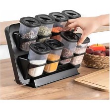 Daisy Home 8'li Duvara Asmalı Baharatlık Seti - Tezgah Üstü Stantlı, Yapışkanlı ve 360 Derece Döner Kapaklı Plastik Mutfak Baharatlık, Antrasit Renk